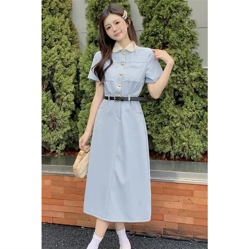 JazzHer-Casual Dresses for Women 2024 Doll Collar Short Sleeve Fashion New Summer Women's Clothes Chic Elegant Female Midi Dress