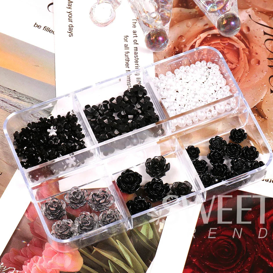 JazzHer 6 Grids Nail Charms Black Rose Camellia Decoration Mixed Acrylic Flower Pearl Jewelry DIY Winter Accessory Parts supplies LYS59