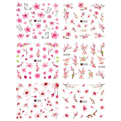 JazzHer 12pcs Sakura Cherry Blossoms Water Nail Stickers Flower Leaf Cat Deer Sliders For Nails Spring Manicure Decorations LYA1621-1632