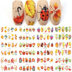 JazzHer 12pcs Autumn Ladybug Nail Water Decals Halloween Pumpkin Adhesive Nail Supplies Manicure Stickers Sliders For Nails Decoration