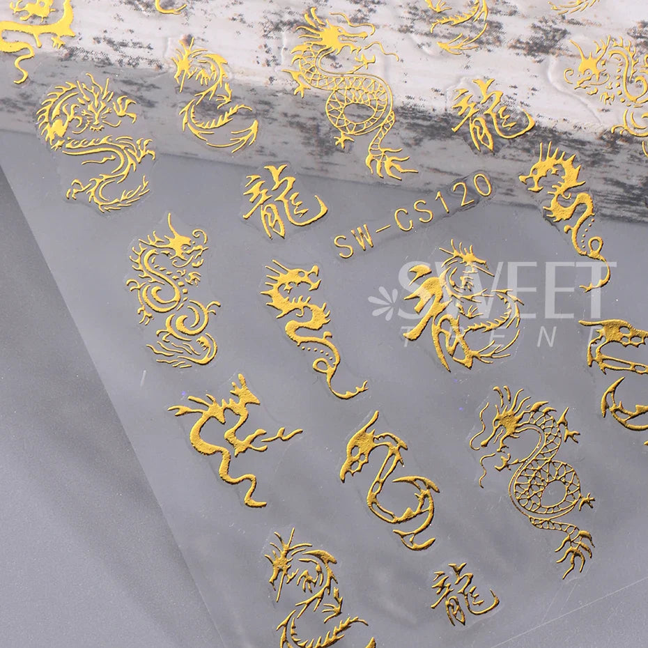 JazzHer 3D Bronzing Laser Silver Dragon Nail Sticker Gold Letter Dragon Design Holographic New Year DIY Manicure Decals Nail Decorations