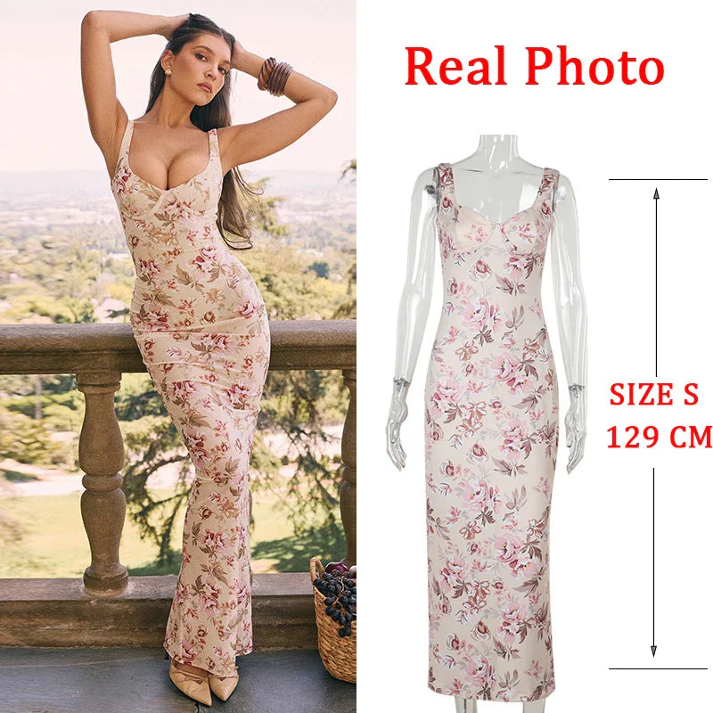 JazzHer Slim Print Backless Holiday Casual Dress Women 2025 Split Elegant Sexy Dress Bodycon Long Summer Dress Vestidos