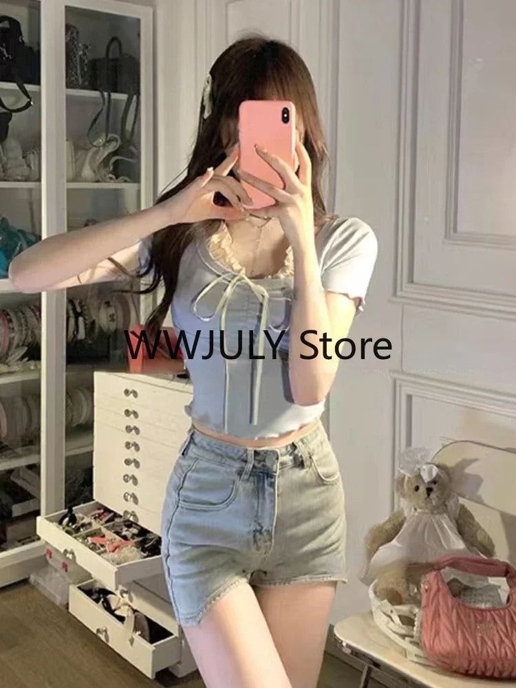 JazzHer Sweet Kawaii Crop Tops Women Blue Bodycon Slim Blouse Female Basic Casual Streewear Y2k Shirts Korean Fashion 2024 Summer Chic