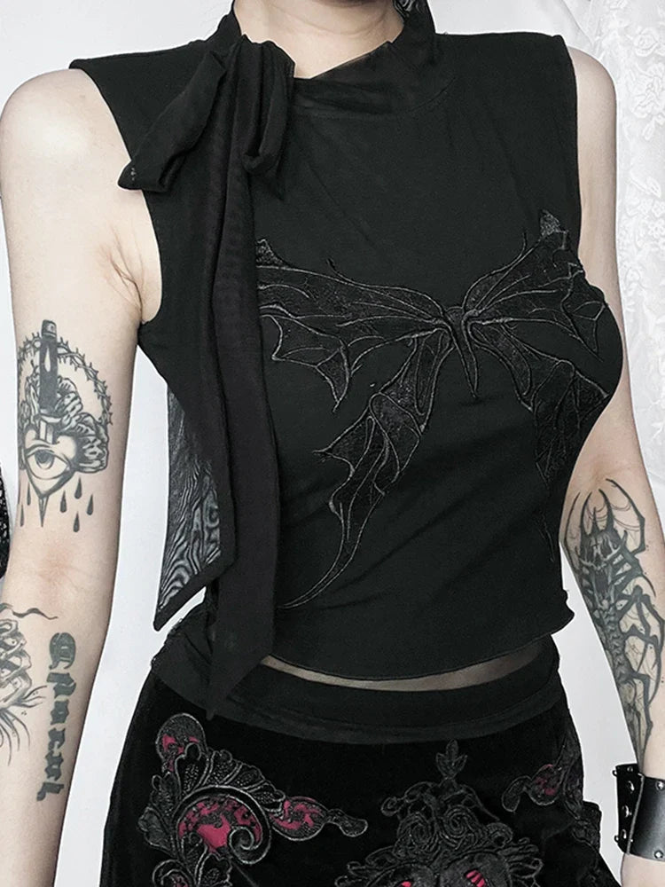 JazzHer Women's Gothic Tops 2024 Summer New Diablo Style Rays Butterfly Embroidery Tie Tops Tank Top