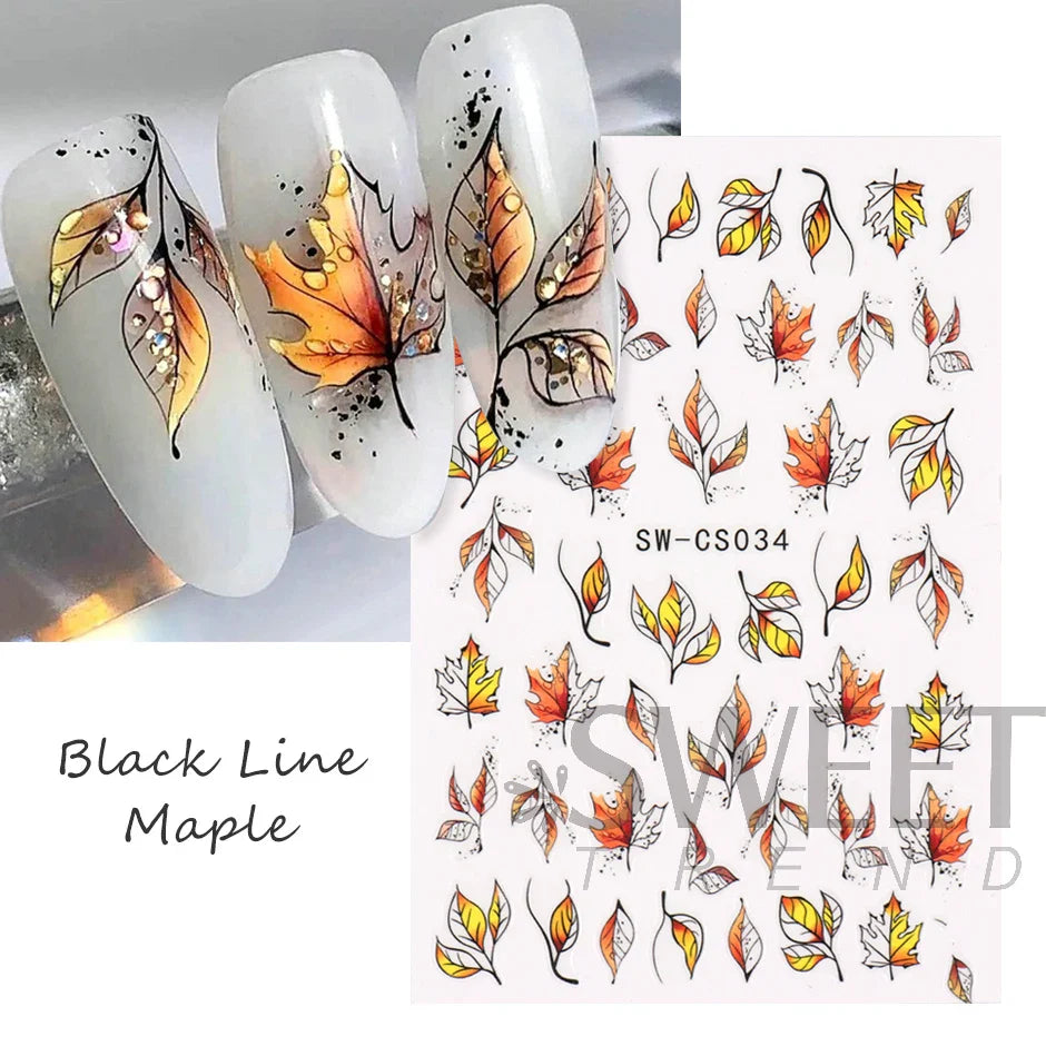 JazzHer Black Line Maple Leaf Nail Decal 3D Gold Autumn Design Sliders Simple Watercolor Decor Fall Gel Polish Manicure Sticker LYSWCS34