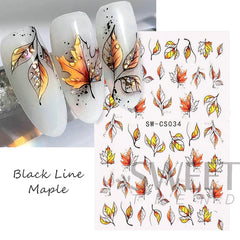 JazzHer Black Line Maple Leaf Nail Decal 3D Gold Autumn Design Sliders Simple Watercolor Decor Fall Gel Polish Manicure Sticker LYSWCS34