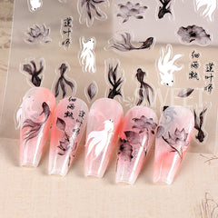 JazzHer 5D Lucky Koi Carp Summer Goldfish Nail Art Sticker Ocean Beach Mermaid Sea Lotus Chinese Style Adhesive DIY Manicure Foils Decal