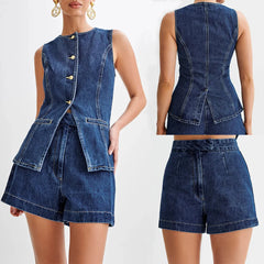 JazzHer Denim Short Sets Single Breasted Sleeveless Vest Two Pieces Pockets Zipper Fly Shorts Loose Solid Washed Vintage Basics