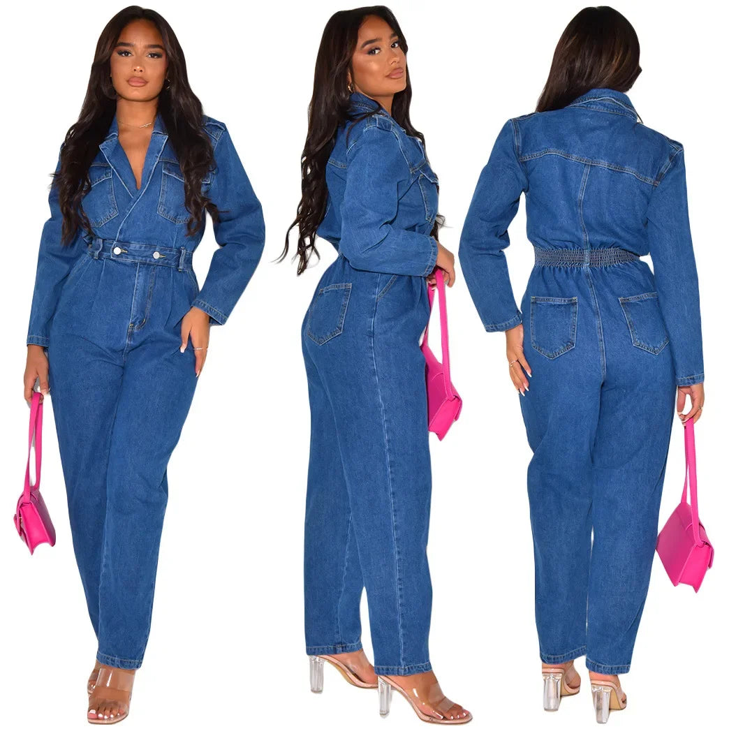 JazzHer Vintage One Pieces Jeans Stretch Jumpsuit Women Turn Down Collar Denim Casual Romper Overalls Streetwear Female Jumpsuits