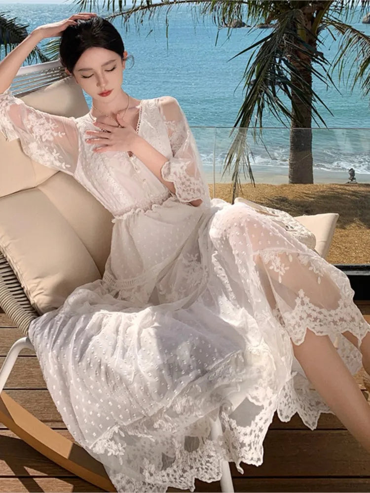 JazzHer French Lace Long Dresses for Women Summer White Party Dress Beach Style V-neck A-line Elegant Prom Robe Wedding Vestidos Mujer