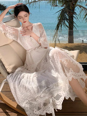 JazzHer French Lace Long Dresses for Women Summer White Party Dress Beach Style V-neck A-line Elegant Prom Robe Wedding Vestidos Mujer