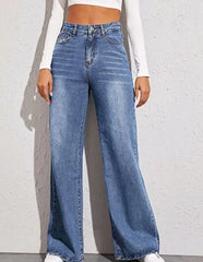 JazzHer Women Denim Wide Leg Pants Jeans Washing Loose High Waist Pockets Zipper Fly Solid Ankle Length Basics 2024 Distressed