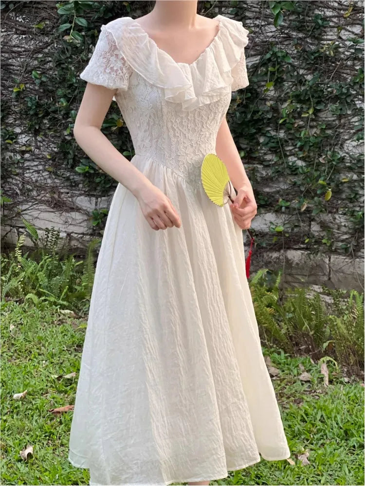 JazzHer New Summer Elegant Off Shoulder Midi Dress Women Lace Patchwork Ruffles A-line French Vintage Prom Robe Casual Vestidos 2024