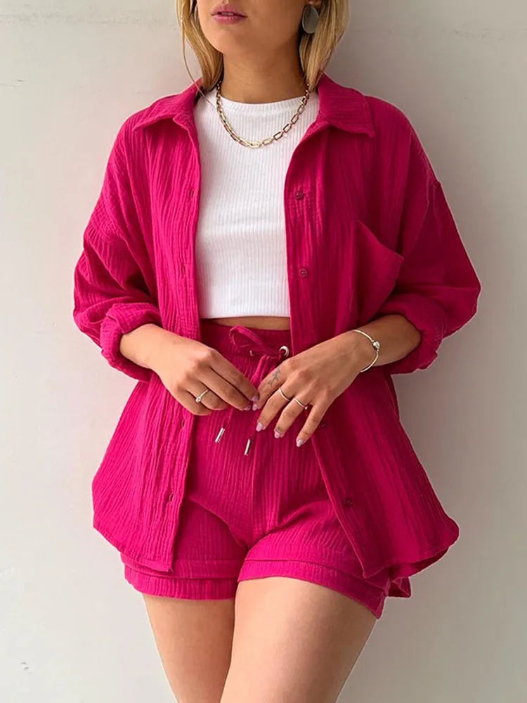 JazzHer Solid Short Sets Womens 2 Piece Lapel Long Sleeve Coat Ladies Lace Up Casual Beach Shorts Summer Clothing For Women