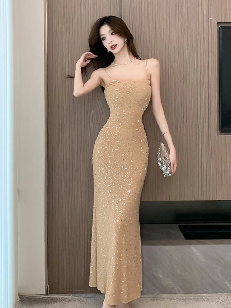 JazzHer Summer Inlaid Diamonds Sexy Fishtail Halter Dress Women's Sequins High Fork Sleeveless Slim Wrap Hip Evening Dress Long Skirt