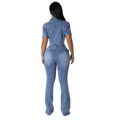 JazzHer Streetwear Jeans Jumpsuits Summer Women Turndown Collar Bodysuit Flare Pants Pockets Denim Rompers Sexy One Pieces Overalls