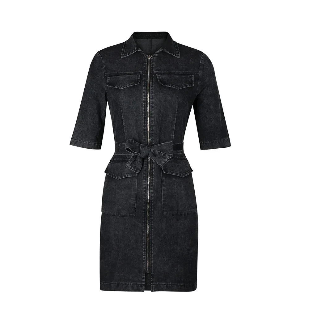 JazzHer Women Denim Dresses Zipper Solid Color Dress Turn Down Collar Belt Streetwear Pockets Short Sleeve Slim Fit Sexy Autumn