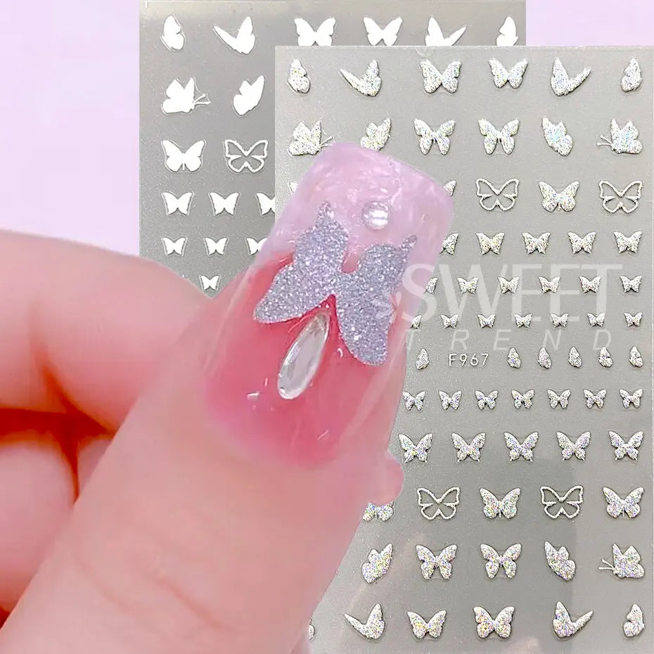 JazzHer 3D Reflective Golden Glitter Stickers Silver Powder Butterfly Star French Holographic Lines Nail Art Decals Decoration Manicure