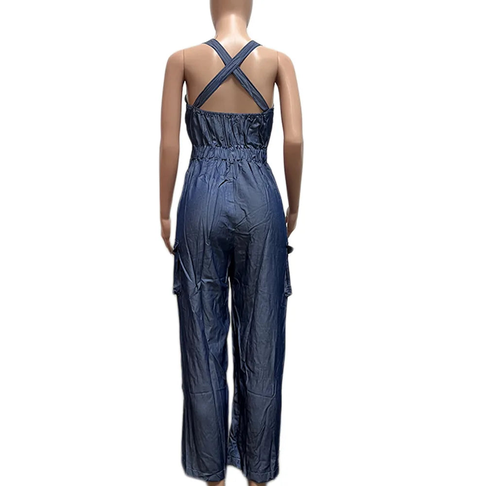 JazzHer Women Jeans Overalls Spliced Cargo Denim Pants Vintage Washed Ankle Length Jean Pockets Solid High Street Loose Fit Button