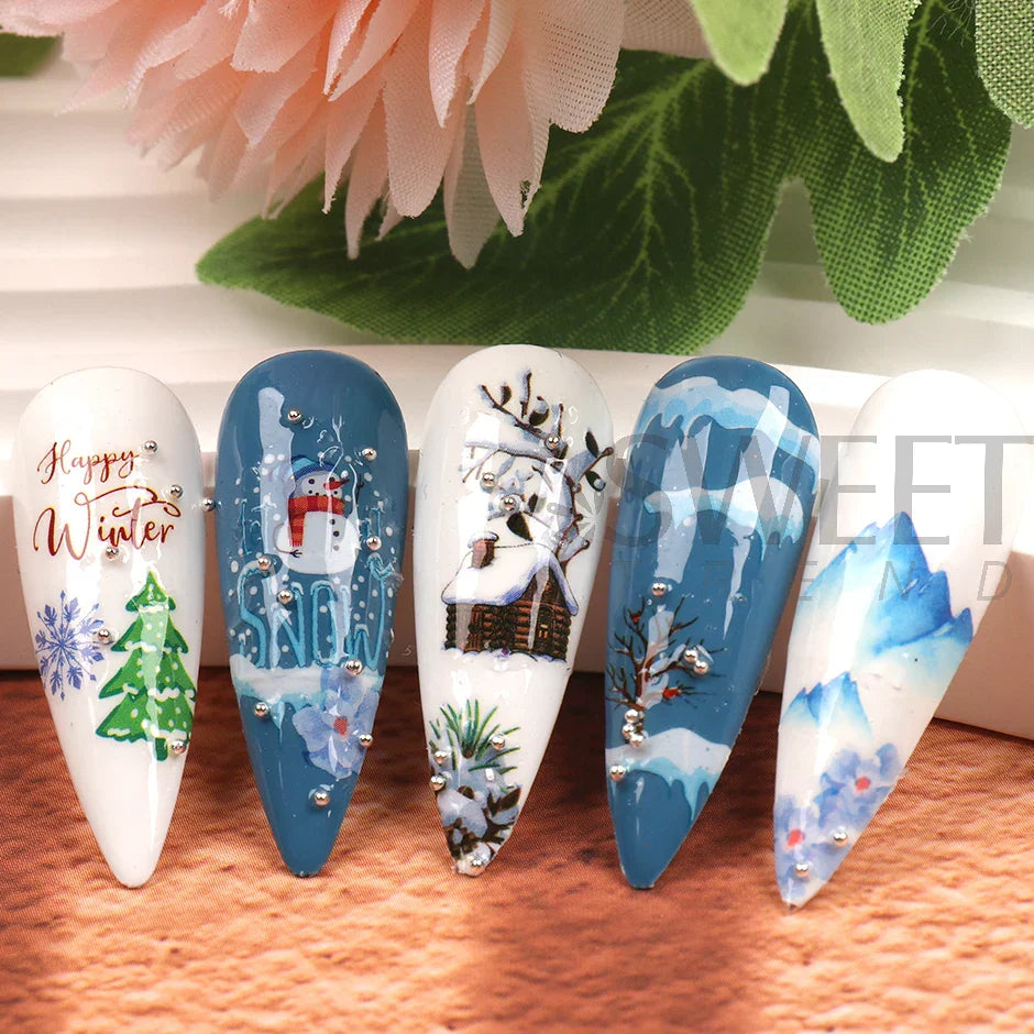 JazzHer Winter Geometry Cotton Nail Art Stickers 3D Blue Plants Coniferous Frame Design Decals 2024 Trend Manicure Sliders Decor LYF817