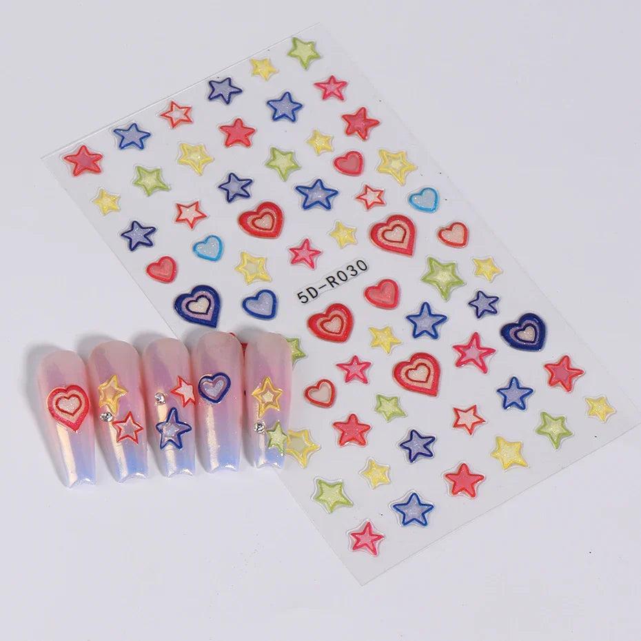 JazzHer 5D Relief Cute Y2K Star Nail Art Stickers Decals Stars Love Heart  Abstract Lines  Adhesive Letter Wraps DIY Manicure Decoration