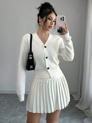 JazzHer Retro Knitted Long Sleeve Sweater High-Waisted Pleated Skirt Two Piece Set For Women Niche Solid Matching Sets Autumn New