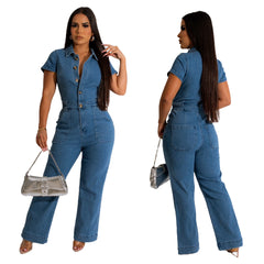 JazzHer Women Jeans Full Length Jean Overalls Denim Washed Wide Leg Pants Loose Pockets High Street Solid Single Breasted Vintage