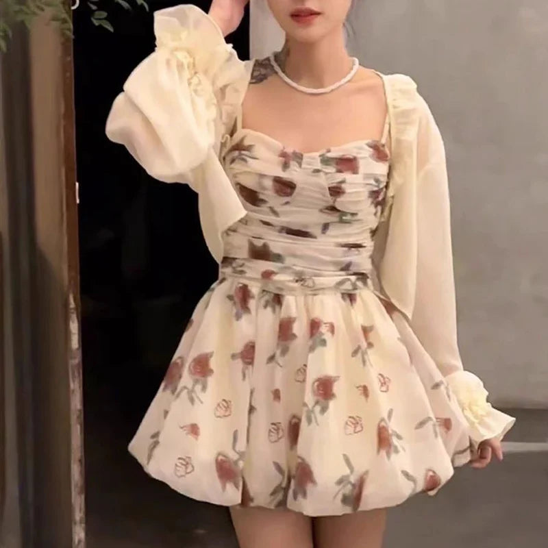 JazzHer Women Summer Floral Suspender Belt Sweet Dress Fashion Tighten The Waist 2024 New Spring Summer Dress Elegant Kawaii Dress