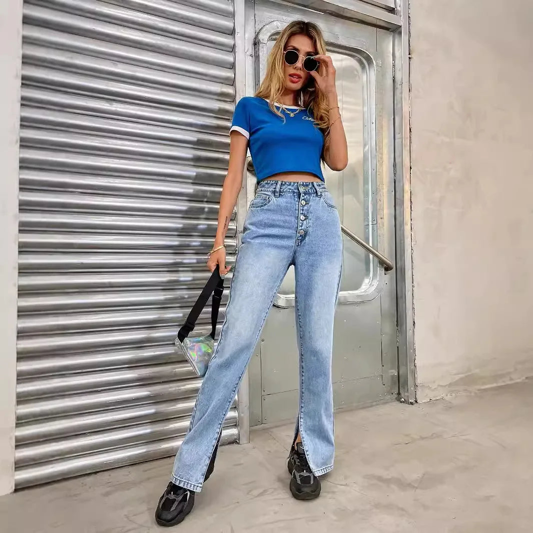 JazzHer Patchwork High Waist Denim Ankle Length Pants Women Clothing Straight Jeans Loose Fit Washed Jeans Pockets Streetwear Button