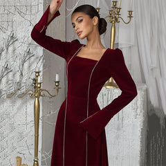 JazzHer Party Dress Women 2024 Autumn Vestidos Flare Sleeve Square Collar Lace Up Tight Waist Long Dresses Elegant Temperament A Line