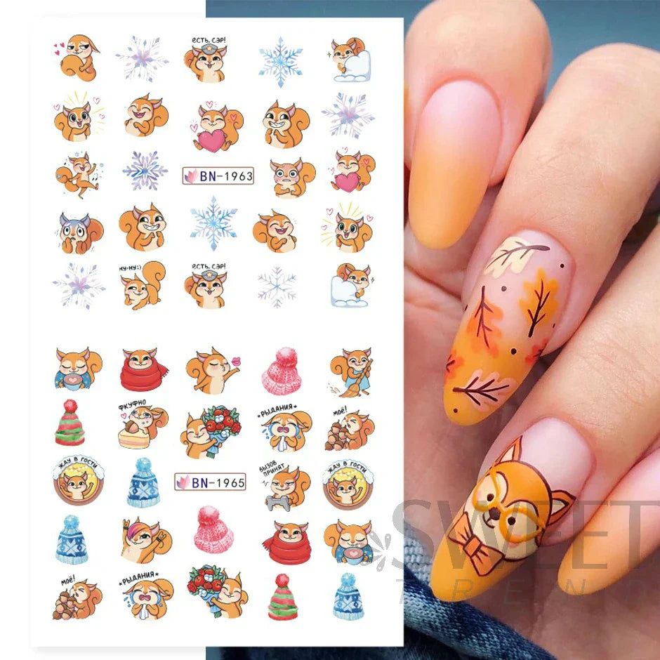 JazzHer 12pcs Anime Fox Water Nails Sliders Snowflakes Forest Animal Squirrel Decals Winter Theme DIY Manicure Foils Stickers Decor LYBN