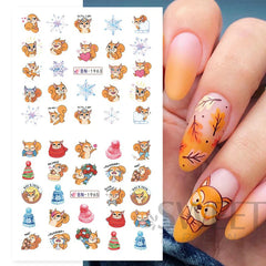 JazzHer 12pcs Anime Fox Water Nails Sliders Snowflakes Forest Animal Squirrel Decals Winter Theme DIY Manicure Foils Stickers Decor LYBN