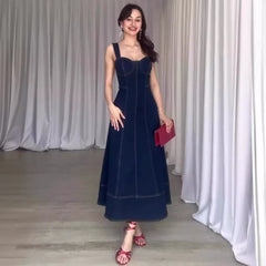 JazzHer Women Dresses Square Collar Sexy Denim Camisole Dress Vestidos Loose Fit Spliced Washed Vintage 2024 Summer High Street