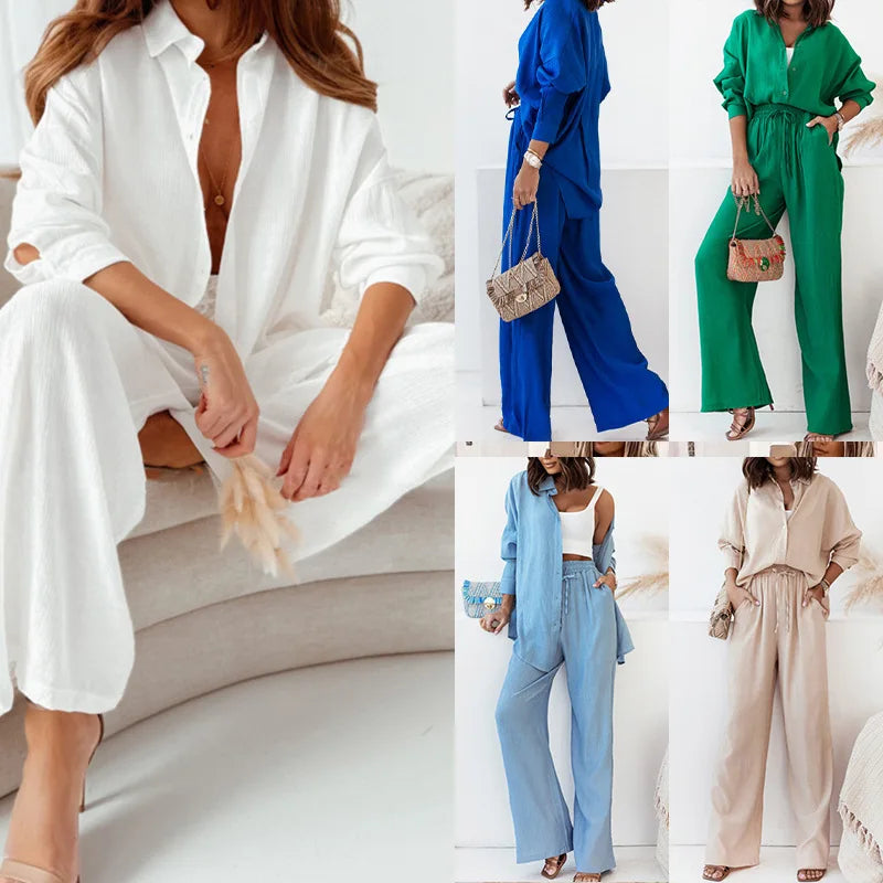 JazzHer Women Blouses Single Breasted Pant Sets Ankle Length Wide Leg Pant Loose Fit Solid Two Pieces Pockets 2024 Casual Button