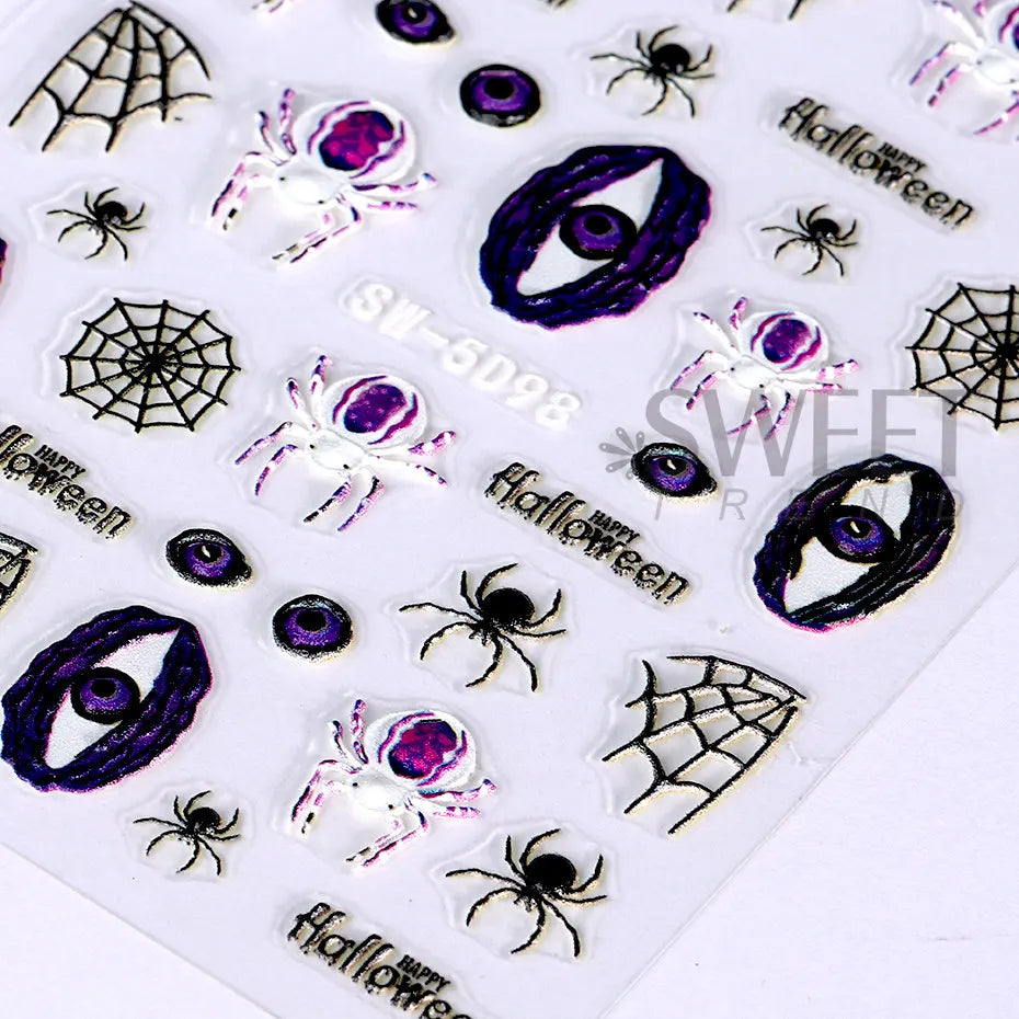 JazzHer 5D Acrylic Nail Sticker Halloween Ghost Skull Blood Drips Lip Design Decal Spider Witch Pumpkin Nail Art DIY Manicure Decoration