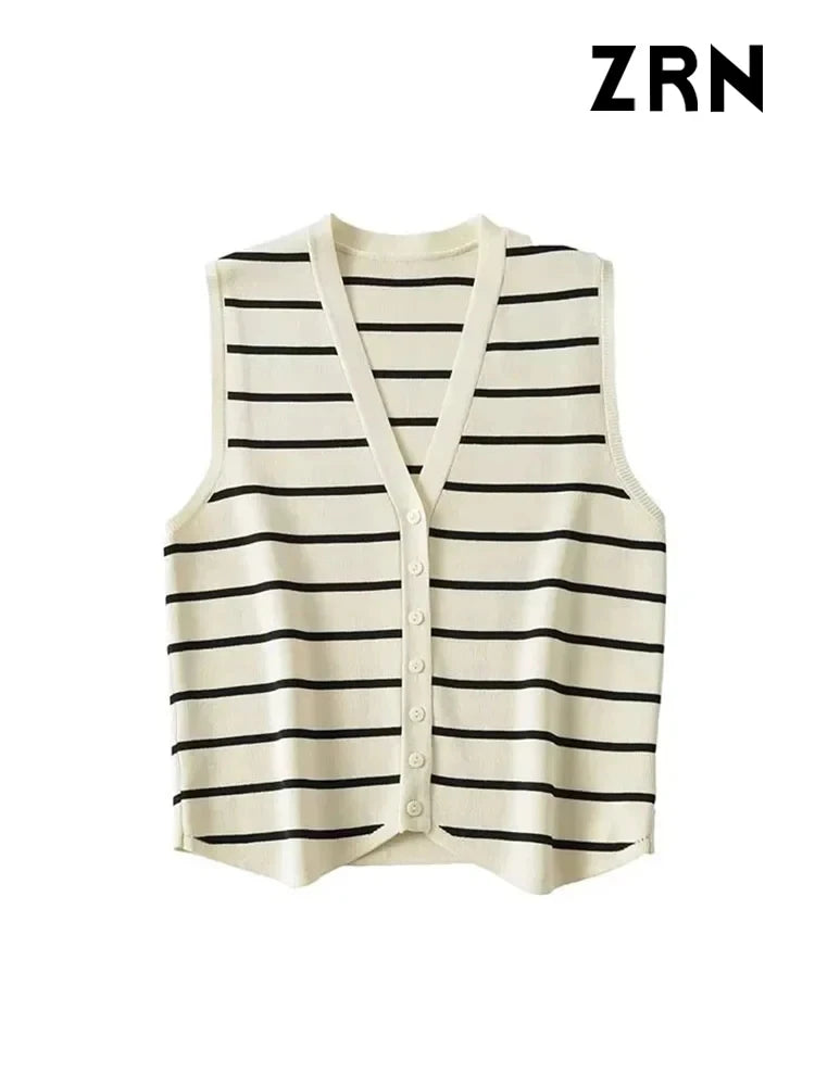 JazzHer Women Fashion Front Button Striped Knit Vest Sweater Vintage V Neck Sleeveless Female Waistcoat Chic Vest Tops