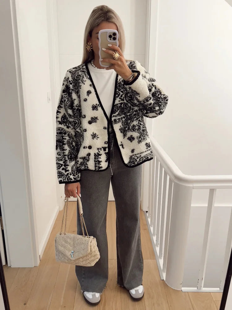 JazzHer Printed V-neck Fleece Long Sleeved Women's Coat Casual Single Breasted Fashion Jacket 2024 New Street Commute Female Outerwear