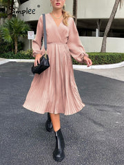 JazzHer Casual Pleated Deep V-Neck Summer Dress Women Beach Elegant Pink Puff Long Sleeve Spring Midi Dress Sexy Mujer Vestidos