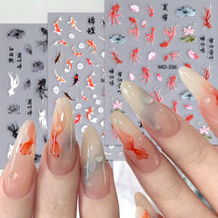 JazzHer 5D Lucky Koi Carp Summer Goldfish Nail Art Sticker Ocean Beach Mermaid Sea Lotus Chinese Style Adhesive DIY Manicure Foils Decal