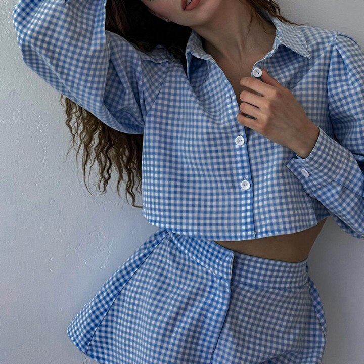 JazzHer Plaid Culottes Shorts Sets Shirt Collar Matching Suits Blouse Long Sleeve Top Outfits Summer Autumn Women Two Piece Set Fall Dresses