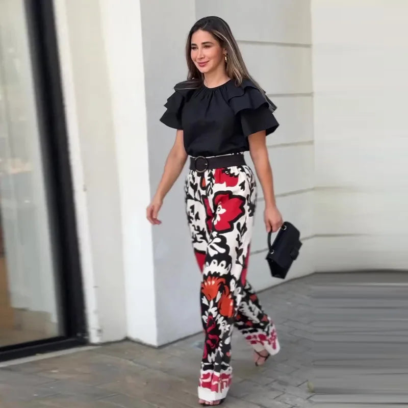 JazzHer Two Pieces Pant Sets Print Pullover Tops Wide Leg Pants Loose Casual Women Matching Sets Ruffles 2024 Pockets Ankle Length