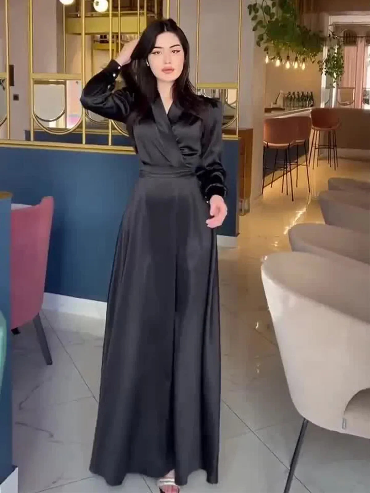 JazzHer Eid women Party Dress woman Ramadan Satin V Neck Abaya Long Dress Belt Morocco Kaftan Vestidos Largos Dubai Robe Jalabiya 2024