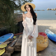 JazzHer Elegant White Holiday Beach Midi Dresses for Women Summer New Boho Fashion Long Sleeve Backless Chiffon Casual Female Clothing