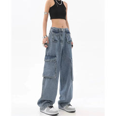 JazzHer Vintage Women Solid High Waist Wide Leg Pants Jeans Spliced Cargo Denim Washed Pants Ankle Length Jean Pockets Safari Style