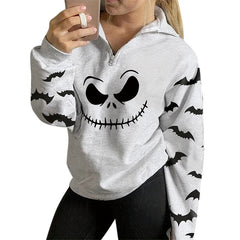 JazzHer Joskka Halloween Smiling Face Bat Print Women Sweatshirt Zipper Lapel Top Autumn Long Sleeve Fashion Casual Halloween Sweatshirt