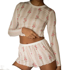 JazzHer Vintage Pajamas Lounge Fairy Y2K Aesthetic Vintage Outfit Cottage Floral Print 2 Piece Set Long Sleeve T-shirt Crop Top + Shorts