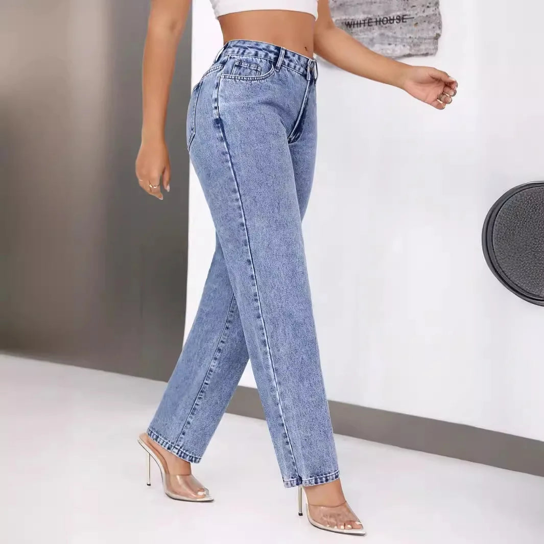 JazzHer Solid Women Jeans Straight High Waist Ankle Length Pants Denim Vintage Washed Jean Loose Fit Pockets Autumn 2024 Zipper Fly