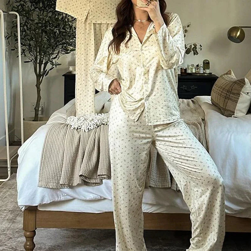 JazzHer Cute 2 Piece Set Home Loungewear Y2K Vintage Print Button Up Long Sleeve Blouse T-shirt Tops + Pants Women Pajamas Sleepwear