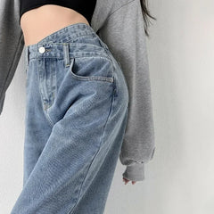 JazzHer Women Jeans Wide Leg Pants High Waist Vintage Pockets Button Basics Denim Full Length Straight Trousers Streetwear 2024 Denims