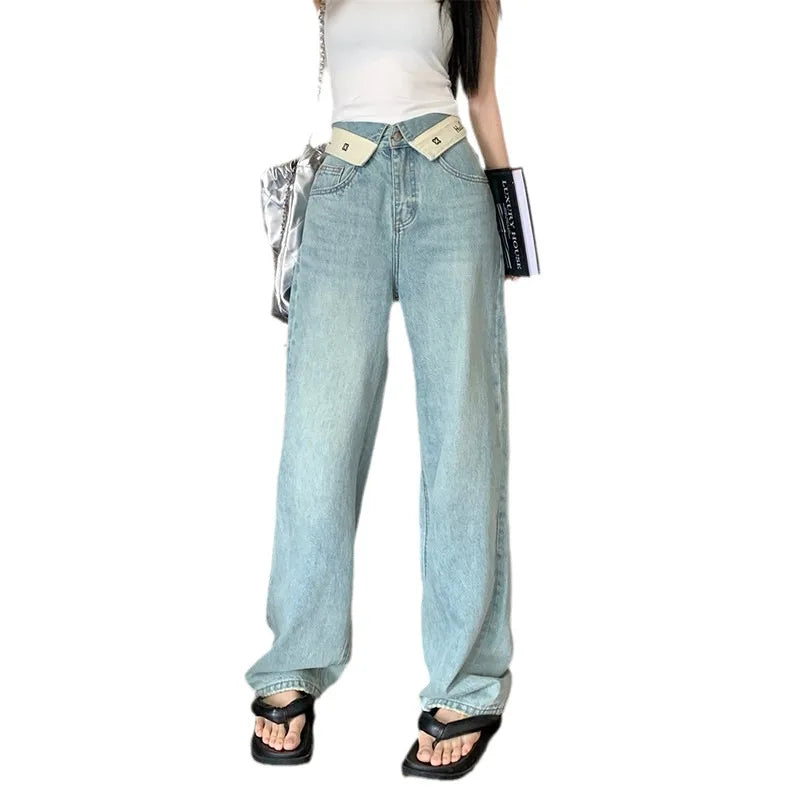 JazzHer Women Jeans Cuffs Wide Leg Pants High Waist Pockets Button Solid Colour Vintage Full Length Straight Trousers Casual Denims